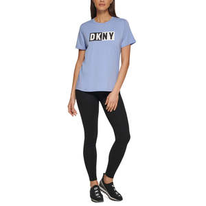 T-shirt slim fit da donna DKNY con logo, 100% cotone jersey, taglie XS e XXS, blu con decorazioni traspiranti a lettere - Product Image 1