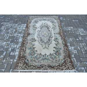 Vintage Rug 3.8x6.7 ft, <b>Brown</b> Blue Oriental <b>Wool</b> Turkish Rug - Product Image 1