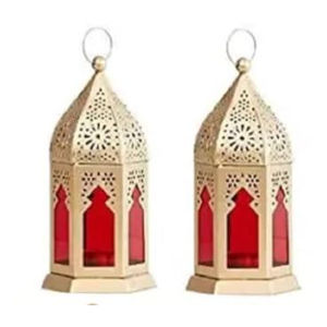 Vente en gros de lanterne marocaine suspendue décoration de la maison avec verre bleu et bougie chauffe-plat sans flamme parfait ornement de Noël - Product Image 2