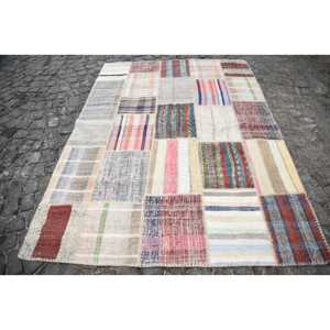 Tapis de 5,6 x 7,6 pieds, tapis turc vintage, tapis beige patchwork ombré - Product Image 1