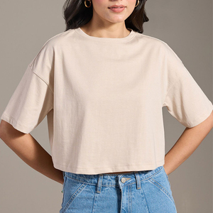 Camiseta corta de algodón 100% para mujer, diseño de estampado liso transpirable suave y ecológico - Product Image 4