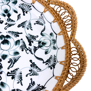 Handmade Scallop Edge Ceramic Plate with Lotus Floral Pattern Rattan Woven <b>Frame</b> for Party Decorative Serving Dish Home Decor - Product Image 4