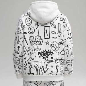 Chándal Holgado Vintage para Hombre con Lavado Ácido, Estampado de Doodle y Graffiti en Blanco y Negro, Algodón Pesado, Forro Polar Sólido con Capucha - Product Image 6