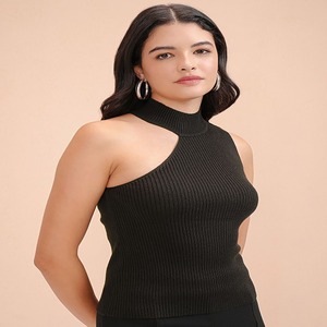 Elegante vestido sin mangas para mujer patrón sólido escote asimétrico botón decorativo Top tendencia de moda caliente hecho en La India - Product Image 3