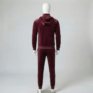 Mens Winter Hooded Burgundy <b>Velour</b> Full Zip <b>Tracksuit</b> Set Athletic Jacket Jogger Pants Running Fitness Casual Streetwear - Product Image 1