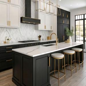 Armoires de cuisine modernes de luxe durables de style shaker laquées noir et blanc avec îlot en marbre - Product Image 6