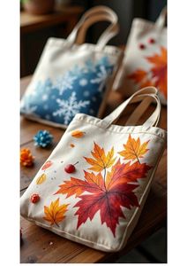 Sac fourre-tout en toile de coton avec motif de feuille d'érable peint à la main, en beige naturel avec impression orange et jaune, conçu pour un usage quotidien réutilisable - Product Image 3