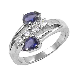 Bague en argent 925 avec iolite et topaze blanche pour femmes, coupe coussin, avec placage rhodium, or jaune, platine, magnifique cadeau de bijoux - Product Image 1