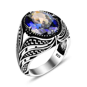 Blue Zircon 925 Sterling Silver Men Ring Accessories Gift for Man Traditional Turkish Ring for Men Arabic Trendy Square Ring