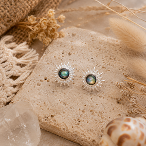 Sunburst Opalescent Round <b>Stud</b> <b>Earrings</b> In Shimmering Green And White Tones Polished <b>Sterling</b> <b>Silver</b> For Bridal Anniversary Gift - Product Image 3