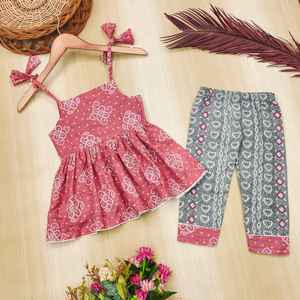 Conjunto de Kurti y Pantalón Largo Rosa, Estilo Étnico, Completamente Cosido, para Niñas, Marca Shoryam |   Traje Indo-Occidental para Fiestas Infantiles - Product Image 1