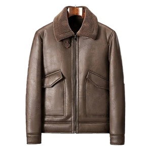 <b>Men's</b> Genuine Leather Eco-Friendly Breathable Windproof <b>Jacket</b> Zipper Closure Moto <b>Biker</b> Style Winter Warm Standard Brown Coat - Product Image 1