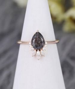 Minimalist 925 Sterling <b>Silver</b> Fine Ring Solid Pear Cut Black Rutile Stone <b>Wedding</b> Engagement <b>Band</b> for Parties - Product Image 1