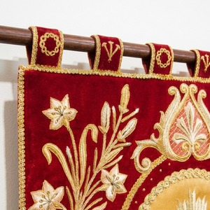 Handmade Red Velvet Church <b>Banner</b> Heavyweight Embroidered Liturgical Processional <b>Banner</b> with Gold Fringe - Product Image 3