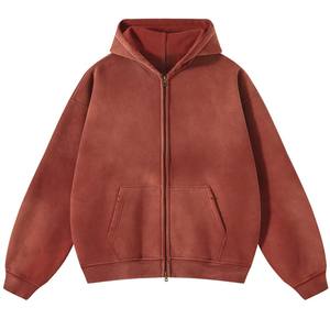 Moda 400 GSM Zip up sudaderas con capucha unisex pesado desgastado sudaderas con capucha al por mayor de gran tamaño piedra lavada Sudadera con capucha en blanco - Product Image 1