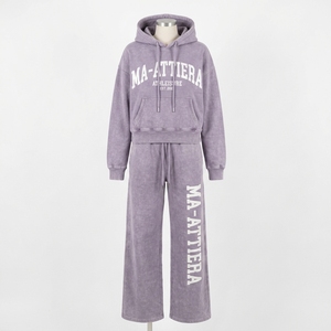 Custom Women Acid Wash Lavender <b>Crop</b> Hoodie Wide Leg <b>Jogger</b> Set Cotton Fleece Streetwear Tracksuit OEM Wholesale - Product Image 4