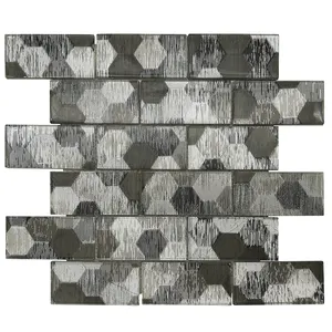 Elegant Design Square Glass Mosaic With Black Hexagon Pattern For Backsplash of Kitchen and Bathroom