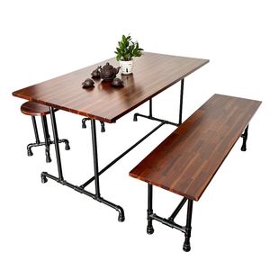Industrial Design 4-Person Seating <b>Table</b> and Chair Set <b>with</b> <b>Foldable</b> Pipe <b>Legs</b> Acacia Wood Top for Farmhouse or Kitchen-CBBA109 - Product Image 1