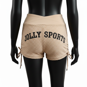 Shorts de sport pour femme, 220 GSM, polyester et élasthanne, maille nid d'abeille beige, taille haute, logo brodé personnalisé. - Product Image 2