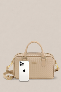 Sac Boston en cuir PU beige à motif tissé pour femme avec logo personnalisé, poignée supérieure, sac à bandoulière, fabricant OEM ODM sous marque privée - Product Image 3