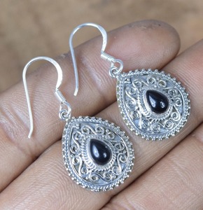 Onyx noir pierres précieuses Offre Spéciale 925 boucles d'oreilles en argent Sterling massif boucles d'oreilles pendantes à la main argent en gros 925 timbre bijoux - Product Image 4