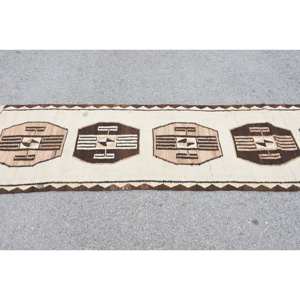 Rústico Beige Marrón 2,6X9,4 pies Área grande Alfombra de lana hecha a mano Rectángulo abstracto turco Diseño de retazos Látex para habitación de pasillo - Product Image 3