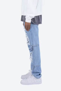 Custom High Quality Blue <b>Men's</b> <b>Pants</b> Vintage Punk Style Flare Jeans Stacked Patchwork Distressed <b>White</b> Wash Mid Waist Logo - Product Image 3