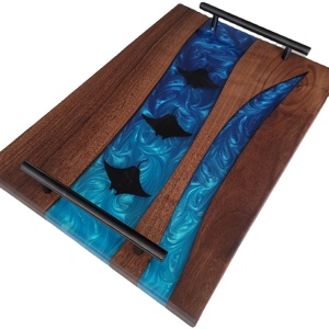 Cadeau de mariage royal en bois d'acacia et résine Plateau de service avec poignée en métal Fournitures d'usine pour restaurants et hôtels de SCI - Product Image 6