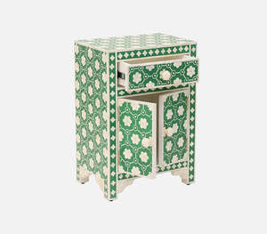 Handmade <b>Green</b> And White Floral Bone Inlay Nightstand Bedside Table <b>Cabinet</b> With Drawer And Storage Doors Decorative Accent - Product Image 3