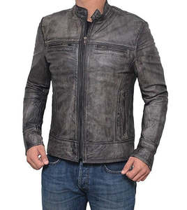 Chaqueta de Motociclista Estilo Vintage para Hombre, de Cuero Gris Desgastado, con Cuello Alto y Bolsillos Delanteros con Cremallera, Ropa de Abrigo para Otoño - Product Image 3