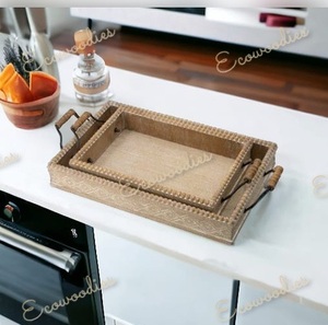 Bandeja otomana tallada de madera de diseño para bebidas de té y café, bandejas rústicas de madera para servir con asa para Cocina - Product Image 6