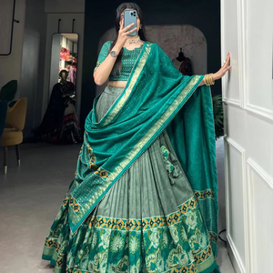 Dernières tendances Tussar robe de mariée en soie semi-cousue imprimé floral et feuille Collection Lehenga Choli - Product Image 4
