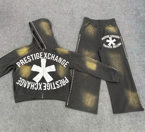 Conjunto de Sudadera con Capucha y Pantalones de Algodón 100% Personalizados con Logotipo Bordado Desgastado Estilo Urbano Vintage con Pedrería para Hombre - Product Image 6