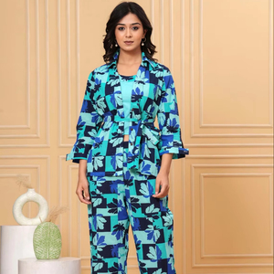 Femmes doux imprimé fleuri bleu Coord ensemble deux pièces ensemble décontracté cravate-teinture costume 3/4 manches 2 pièces femmes ensemble - Product Image 1