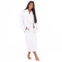 Peignoir long en tissu éponge pour femme, 100% coton, doux, col en V, manches longues, robe classique unie blanche avec ceinture