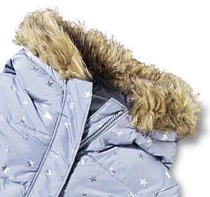 Girls Quilted Puffer Jacket <b>Coat</b> Star Print Faux Fur Hood Belted Long Winter Jacket Kids Wholesale - Product Image 3