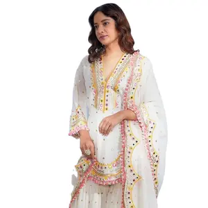 Nieuwe Sara Ali Khan Designer Feestkleding Look Top Plazzo & Mul Mul Dupatta Set Voor Festivals En Recepties