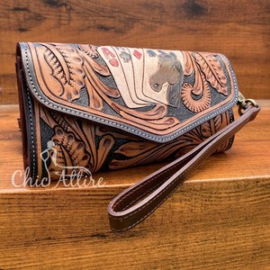 New Designer Handmade Hand Tooled Leather Card Design Stylish Fashionable <b>Genuine</b> Leather Card Holder Wristlet Wallet for Women - Product Image 1