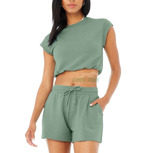 2024 Summer Unisex T Shirt Ladies' Cropped <b>Crewneck</b> Sweatshirt Sweat Shorts Set 2 Piece Women Short Set Clothing OEM ODM - Product Image 2