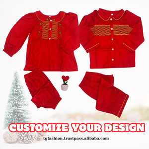 Ropa para niños al por mayor ropa de niña Pijama de manga larga rojo Floral personalizado OEM ODM diseños Smocked temporada de Navidad - Product Image 5