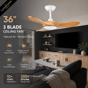 Ventilateur de plafond moderne en bois à 3 pales de 36 pouces sans lumière avec télécommande, moteur DC silencieux pour chambre à coucher et salon - Product Image 1