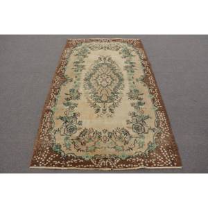 พรมตุรกีโบราณสีเบจสีน้ำตาล4x6.7ft วินเทจแบบคลาสสิกใหม่วัสดุขนสัตว์วิสคอสขนาด10มม. ลาเท็กซ์ - Product Image 1