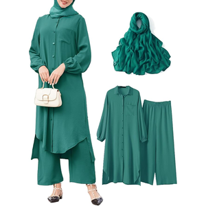 <b>Women's</b> Modest <b>3</b> <b>piece</b> <b>Suit</b> Elegant Lightweight Nida Fabric Open Abaya Solid Pattern Delicate Embroidery Natural Waistline - Product Image 1