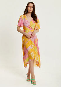100% <b>Viscose</b> Regular Fit Paisley Print Midi Wrap <b>Dress</b> in Yellow and Pink Midi <b>Dress</b> With Comfort Short Sleeve <b>Dress</b> Lightweight - Product Image 3
