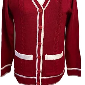 เสื้อคาร์ดิแกนถักไหมพรมสีแดงขาวลายเคเบิ้ล คอวี แขนยาว สำหรับสตรีชมรมมหาวิทยาลัย ผลิตตามสั่ง ขายส่ง แบบ OEM ลายทาง - Product Image 5