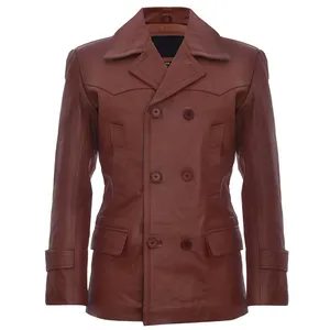 Top Quality 2024 Breathable Leather Pea Coats for Men Bulk With Stand Collar Decorative Shoulder at cheap Price