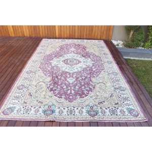Tapis turc en laine écologique 6,6x10 pieds, grand tapis traditionnel vintage, patchwork violet, avec envers en latex - Product Image 1