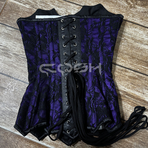 Corset gothique d'Halloween en dentelle noire sur satin violet, avec garniture élégante, idéal pour les fêtes et les mariages - Product Image 5