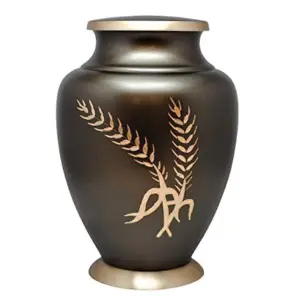 Beautiful Wheat Design Brass Adult Cremation Urns Hot Selling Metal Funeral Urns With Gold Finished Ring