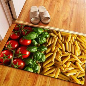 Tapis imprimé moderne : Tapis de cuisine à motifs avec design basilic et pâtes italiennes, tapis à poils doux - Product Image 1